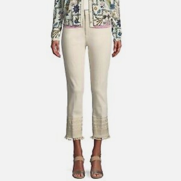 Tory Burch Lana Pom Pom cream embroidered jeans size 27 - Picture 2 of 10